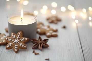 Vela acesa em recipiente cinza ao lado de biscoitos natalinos de gengibre e anis estrelado sobre mesa branca com luzes desfocadas ao fundo, IA generativa