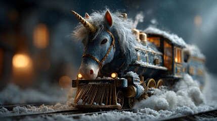 Unicorn Riding a Magical Christmas Train through Snowy Forest – Winter Fantasy Illustration