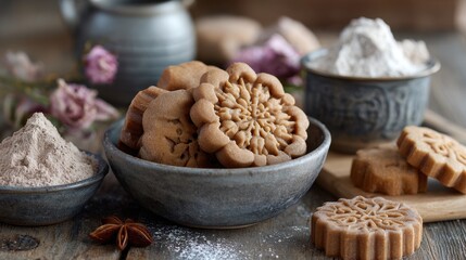 Delicious homemade mooncakes with decorative floral pattern on rustic table. St. Nicholas Day