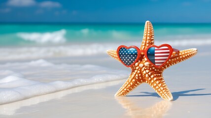 A starfish wearing heartshaped sunglasses with the american flag pattern on a sandy beach with the ocean in the background