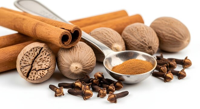 Spice: cinnamon sticks, nutmeg, cloves, and ground nutmeg