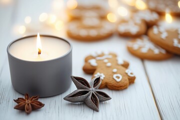 Vela acesa em recipiente cinza ao lado de biscoitos natalinos de gengibre e anis estrelado sobre mesa branca com luzes desfocadas ao fundo, IA generativa