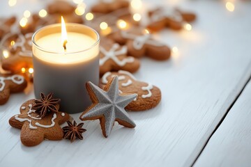 Vela acesa em recipiente cinza ao lado de biscoitos natalinos de gengibre e anis estrelado sobre mesa branca com luzes desfocadas ao fundo, IA generativa