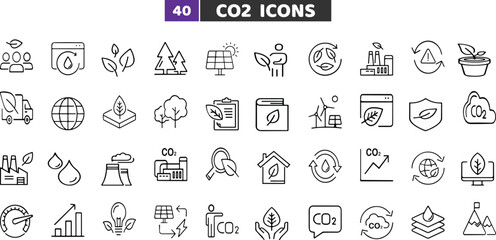 CO2 Emission and Carbon Footprint Icons Set, Climate Change and Environment Outline Vector Collection