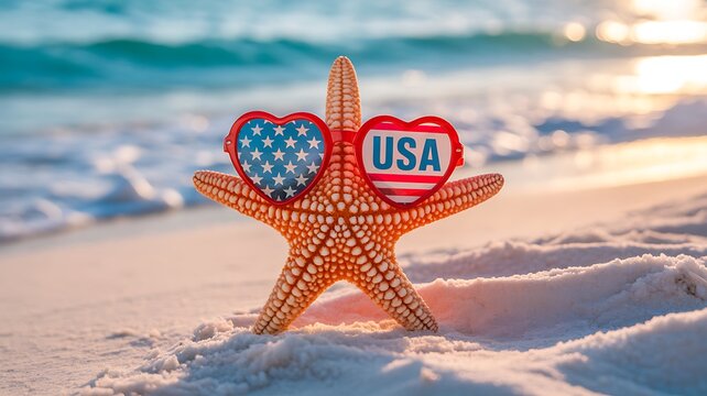 A cute starfish with american flag heart sunglasses sits on a sandy beach during a beautiful sunset - Powered by Adobe