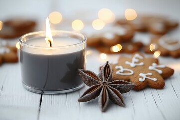Vela acesa em recipiente cinza ao lado de biscoitos natalinos de gengibre e anis estrelado sobre mesa branca com luzes desfocadas ao fundo, IA generativa