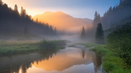 Fototapeta premium Misty mountain valley river at sunrise with golden light and evergreen trees dawn