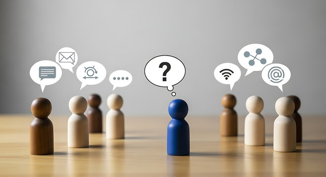 Blue figure with question mark surrounded by group with speech bubbles