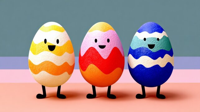 Three colorful cartoon Easter eggs with smiling faces and arms, standing on a pastel background