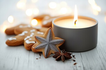 Vela acesa em recipiente cinza ao lado de biscoitos natalinos de gengibre e anis estrelado sobre mesa branca com luzes desfocadas ao fundo, IA generativa