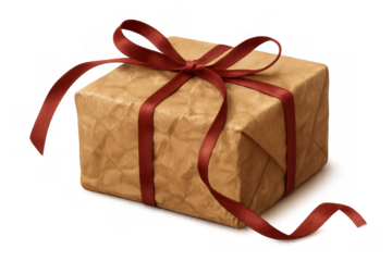 Gift box wrapped in wrinkled brown kraft paper tied with a decorative red satin ribbon and bow, ready for giving