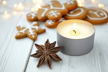 Vela acesa em recipiente cinza ao lado de biscoitos natalinos de gengibre e anis estrelado sobre mesa branca com luzes desfocadas ao fundo, IA generativa