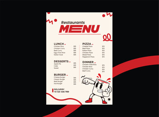 Fun and playful restaurant menu design with cartoon character and red ribbon accents
