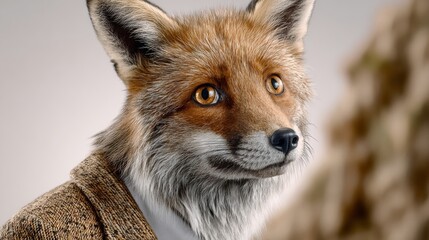 Obraz premium A fox is wearing a suit and smiling. The fox is looking at the camera