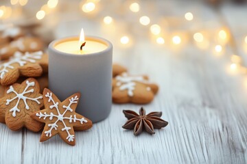Vela acesa em recipiente cinza ao lado de biscoitos natalinos de gengibre e anis estrelado sobre mesa branca com luzes desfocadas ao fundo, IA generativa