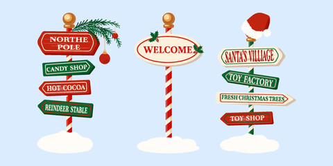 Set of Winter holiday xmas signs for north pole Christmas different directions arrows boards Vector illustration isolated Christmas icon Christmas branch and Santa hat Winter holiday Xmas symbol © Іванна Поліщук