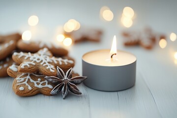 Vela acesa em recipiente cinza ao lado de biscoitos natalinos de gengibre e anis estrelado sobre mesa branca com luzes desfocadas ao fundo, IA generativa