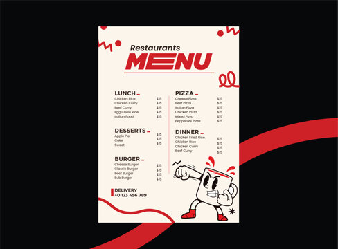 Fun and playful restaurant menu design with cartoon character and red ribbon accents