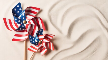 Two american flag pinwheels on a sandy beach, symbolizing patriotism and summer fun