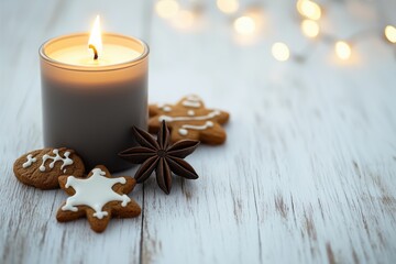 Vela acesa em recipiente cinza ao lado de biscoitos natalinos de gengibre e anis estrelado sobre mesa branca com luzes desfocadas ao fundo, IA generativa