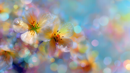 Closeup macro shot of delicate white cherry blossoms with dew drops, set against a soft, blurred background of pastel bokeh lights in blue and pink hues