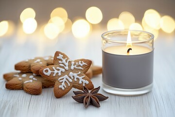 Vela acesa em recipiente cinza ao lado de biscoitos natalinos de gengibre e anis estrelado sobre mesa branca com luzes desfocadas ao fundo, IA generativa