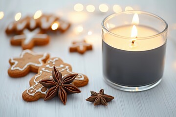Vela acesa em recipiente cinza ao lado de biscoitos natalinos de gengibre e anis estrelado sobre mesa branca com luzes desfocadas ao fundo, IA generativa