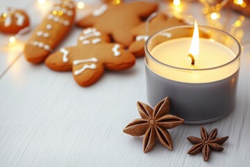 Vela acesa em recipiente cinza ao lado de biscoitos natalinos de gengibre e anis estrelado sobre mesa branca com luzes desfocadas ao fundo, IA generativa
