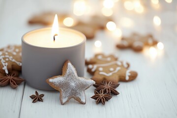Vela acesa em recipiente cinza ao lado de biscoitos natalinos de gengibre e anis estrelado sobre mesa branca com luzes desfocadas ao fundo, IA generativa