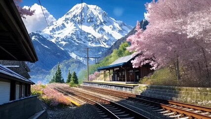 Snowy Mountain Surrounded by Cherry Blossom Trees and Railway Tracks in a Serene Landscape - Powered by Adobe