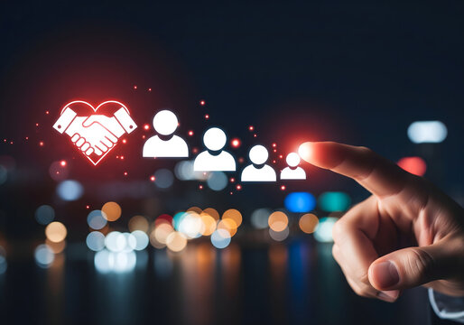 Digital handshake icon connects people to heart symbol on blurred city background