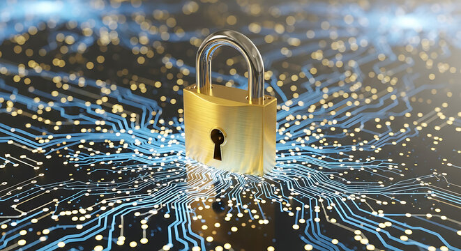 Golden padlock on a circuit board symbolizing data protection and security