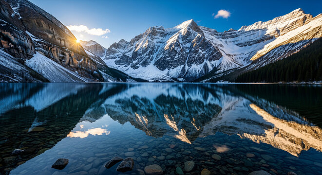 view of the lake with snowy mountains