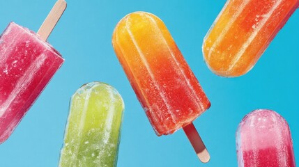 Vivid ice pops in various colors float in bright blue sky celebrating summers joy and sweetness.