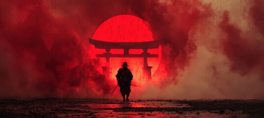 Japanese Firefighter Facing Burning Temple with Rising Sun Flag in Background