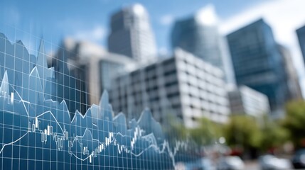 Data visualization reveals upward stock market trends against a blurred city backdrop, highlighting financial progress and activity