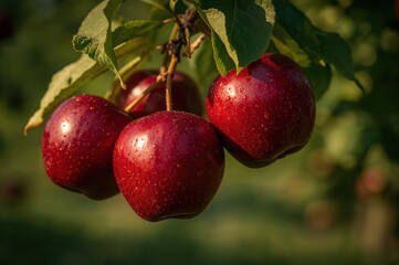 Obraz premium Four ripe red apples glisten in sunlight among green leaves of a tranquil orchard