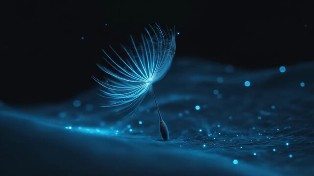 A luminous blue dandelion seed head floats in a dark, ethereal space with bokeh
