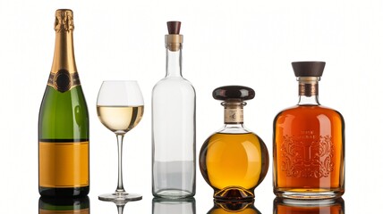 A collection of various alcoholic beverages, including a bottle of champagne, a glass of white wine, an empty clear bottle, and two bottles of spirits, is arranged on a reflective surface against a wh