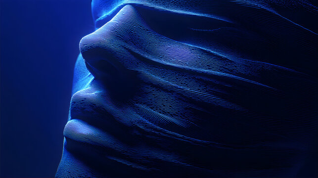 Abstract digital art depicting a human face formed by intricate, glowing blue lines and patterns, creating a futuristic and technological aesthetic