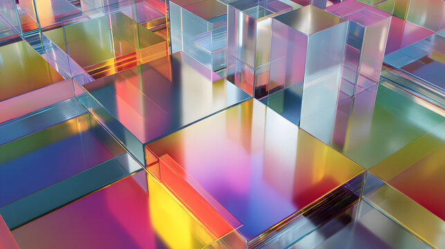 Abstract geometric background with iridescent glass cubes reflecting colorful light, creating a vibrant and futuristic cityscape