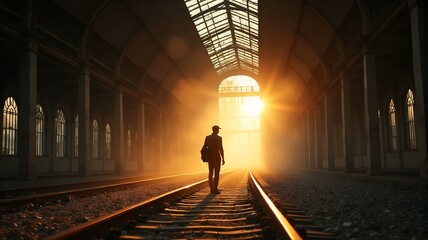 Golden-hour light streaming through shattered glass roof of an abandoned train station; lone traveler standing among dust and silence, cinematic atmosphere with rich shadows and lens flare realism.