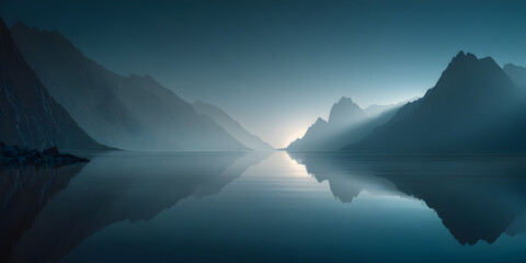 Dramatic mountain peaks emerging from mist over a still lake, with sunlight breaking through the clouds, casting ethereal rays