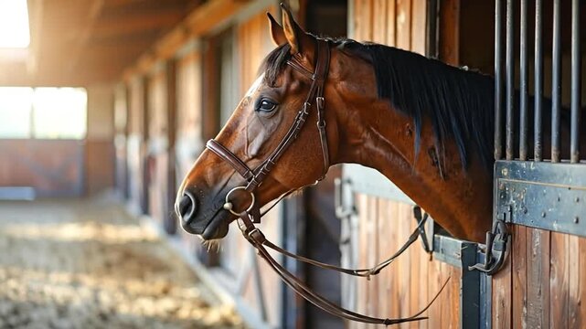 Equestrian Beauty Chestnut Horse Portrait in Stable, Nature and Farm Life