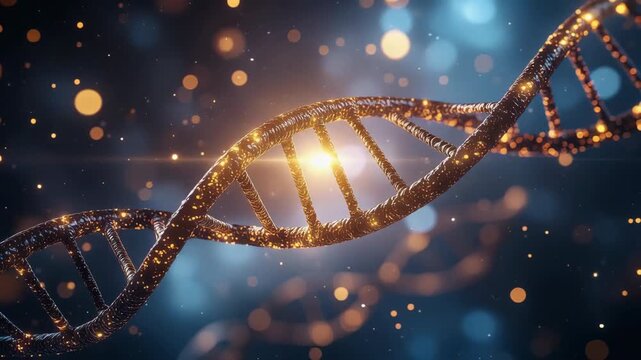 Golden DNA strand glowing with particles in dark background symbolizing genetics and biotechnology innovation.