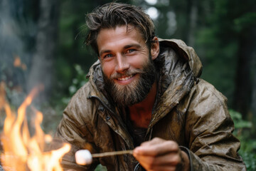 Obraz premium Campfire gathering with a smiling man enjoying a marshmallow in a forest setting