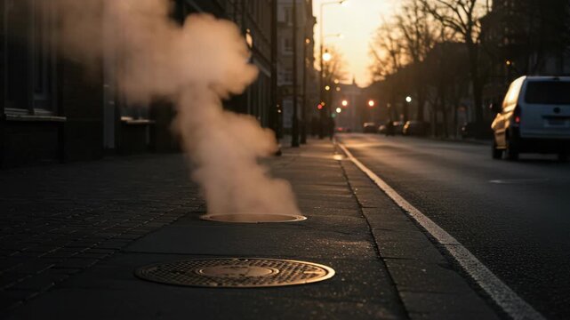 Steam rising from manhole cover on urban street at sunset  