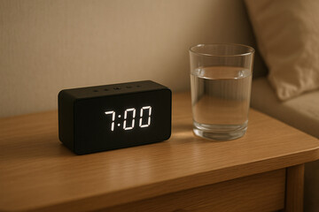 Modern digital alarm clock showing 7:00 AM next to a clear glass of water on a wooden nightstand creating a peaceful morning ambiance