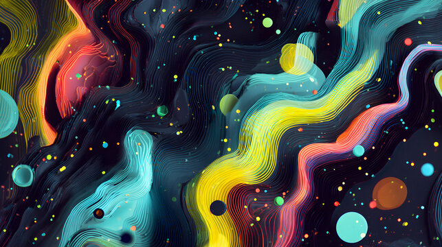 Abstract cosmic background with swirling waves of vibrant colors including yellow, blue, pink, and red, interspersed with glowing particles and bokeh lights
