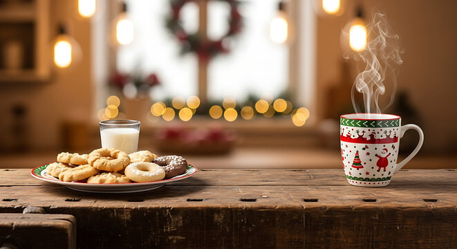 Festive cookies and milk on a wooden table for santa claus on christmas